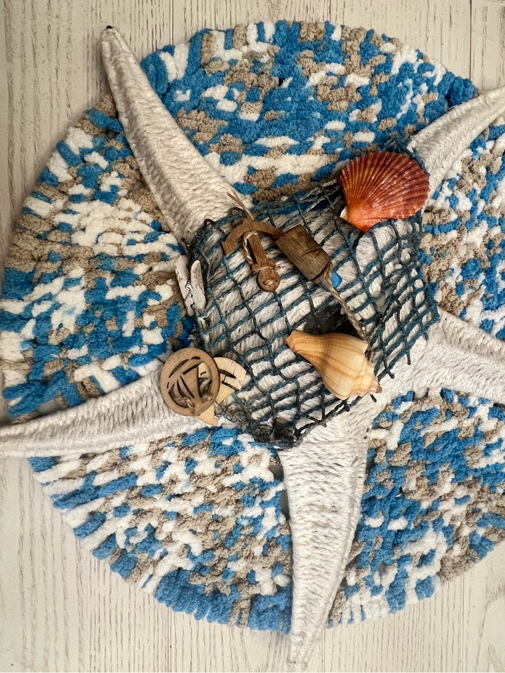 Handmade Coastal Plush Woven Starfish Wall Accent in Blue, White & Tan - 14”